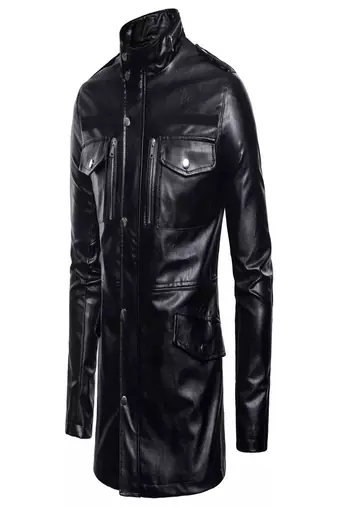 Men's black lambskin leather coat -2 envelope pocket button & zipper  style