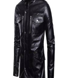 Men's black lambskin leather coat -2 envelope pocket button & zipper  style