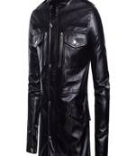 Men's black lambskin leather coat -2 envelope pocket button & zipper  style