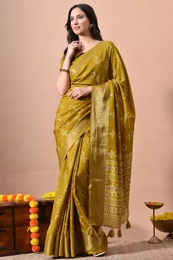 Mirchi fashion women's mustard floral printed cotton silk,silk blend saree with unstitched blouse piece