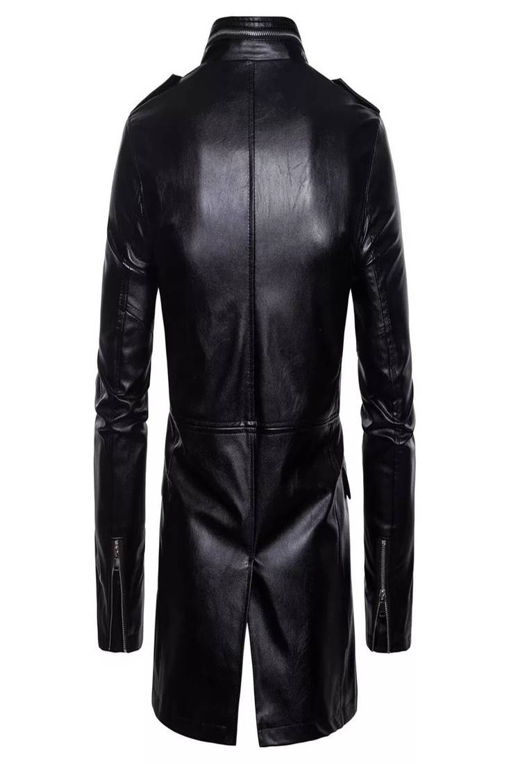 Men's black lambskin leather coat -2 envelope pocket button & zipper  style