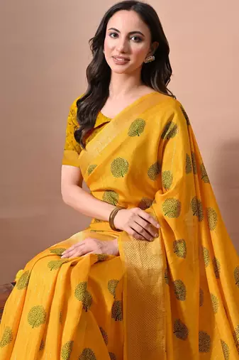 Mirchi fashion women's mustard orange block print cotton silk,silk blend saree with unstitched blouse piece