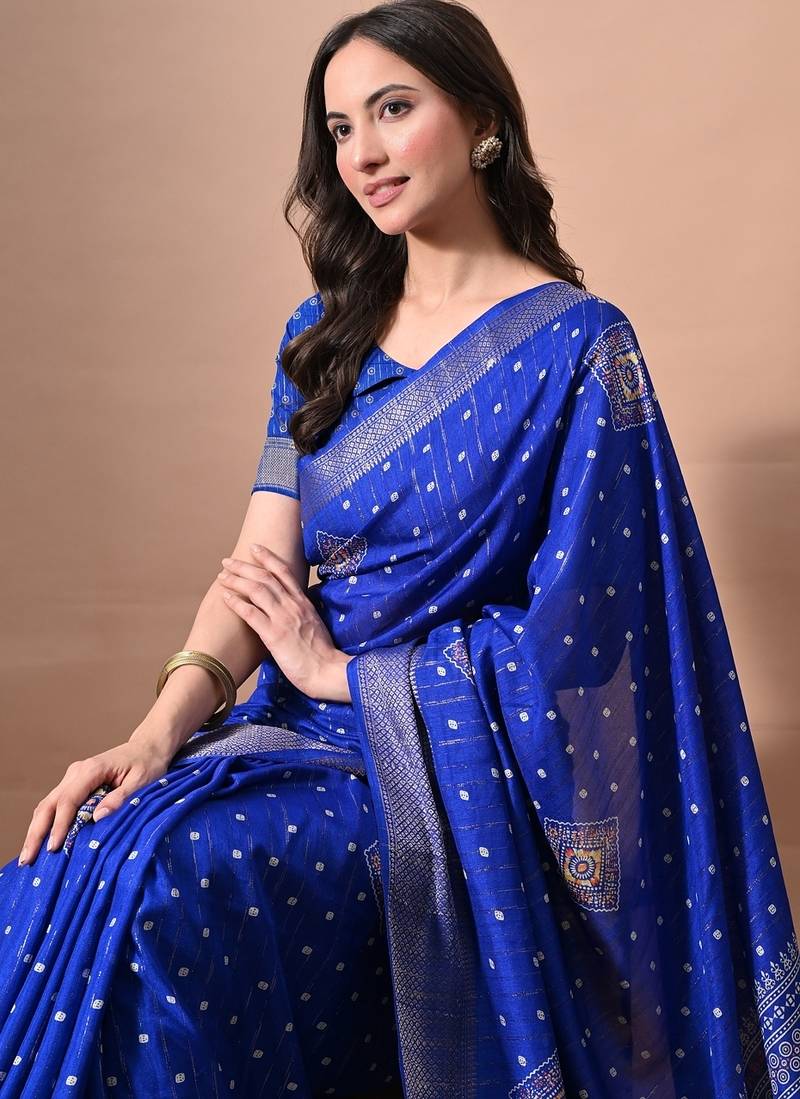 Mirchi fashion women's royal blue block print cotton silk,silk blend saree with unstitched blouse piece
