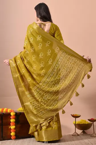 Mirchi fashion women's mustard floral printed cotton silk,silk blend saree with unstitched blouse piece
