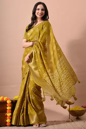 Mirchi fashion women's mustard floral printed cotton silk,silk blend saree with unstitched blouse piece
