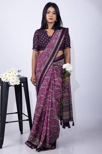 Mirchi fashion women's purple floral printed viscose cotton saree with unstitched blouse piece