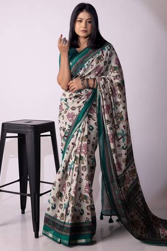 Mirchi fashion women's grey floral printed viscose cotton saree with unstitched blouse piece