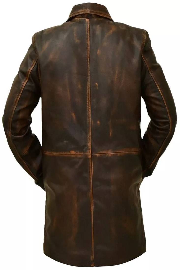 Men's brown rubbed off lambskin leather coat -2 pocket & button style
