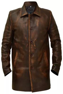 Men's brown rubbed off lambskin leather coat -2 pocket & button style 1