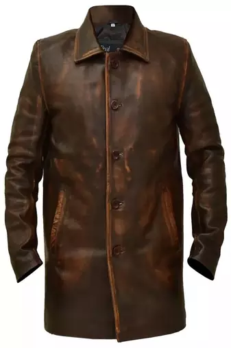 Men's brown rubbed off lambskin leather coat -2 pocket & button style