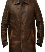Men's brown rubbed off lambskin leather coat -2 pocket & button style