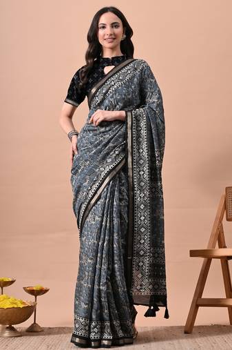 Mirchi fashion women's blue floral printed viscose cotton saree with unstitched blouse piece