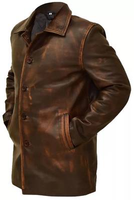 Men's brown rubbed off lambskin leather coat -2 pocket & button style 3