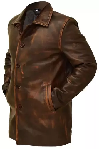 Men's brown rubbed off lambskin leather coat -2 pocket & button style