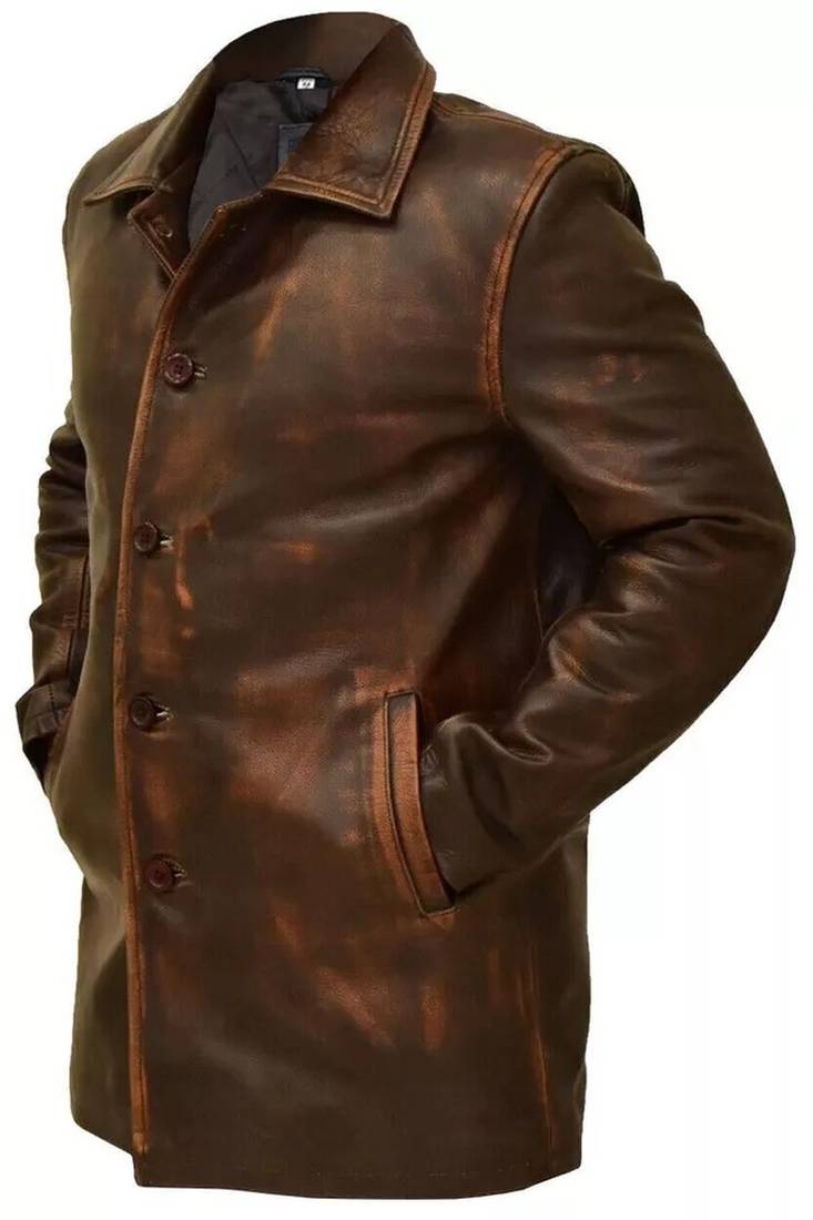 Men's brown rubbed off lambskin leather coat -2 pocket & button style