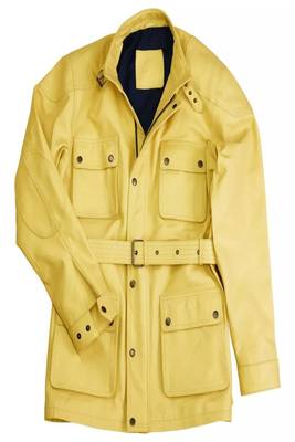 Men's yellow genuine leather coat -4 envelope pocket & waist belt style 1