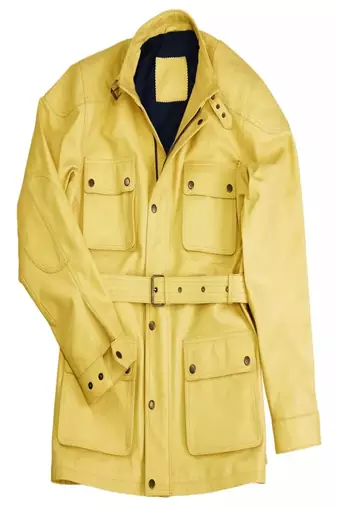 Men's yellow genuine leather coat -4 envelope pocket & waist belt style