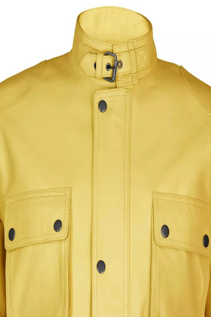 Men's yellow genuine leather coat -4 envelope pocket & waist belt style