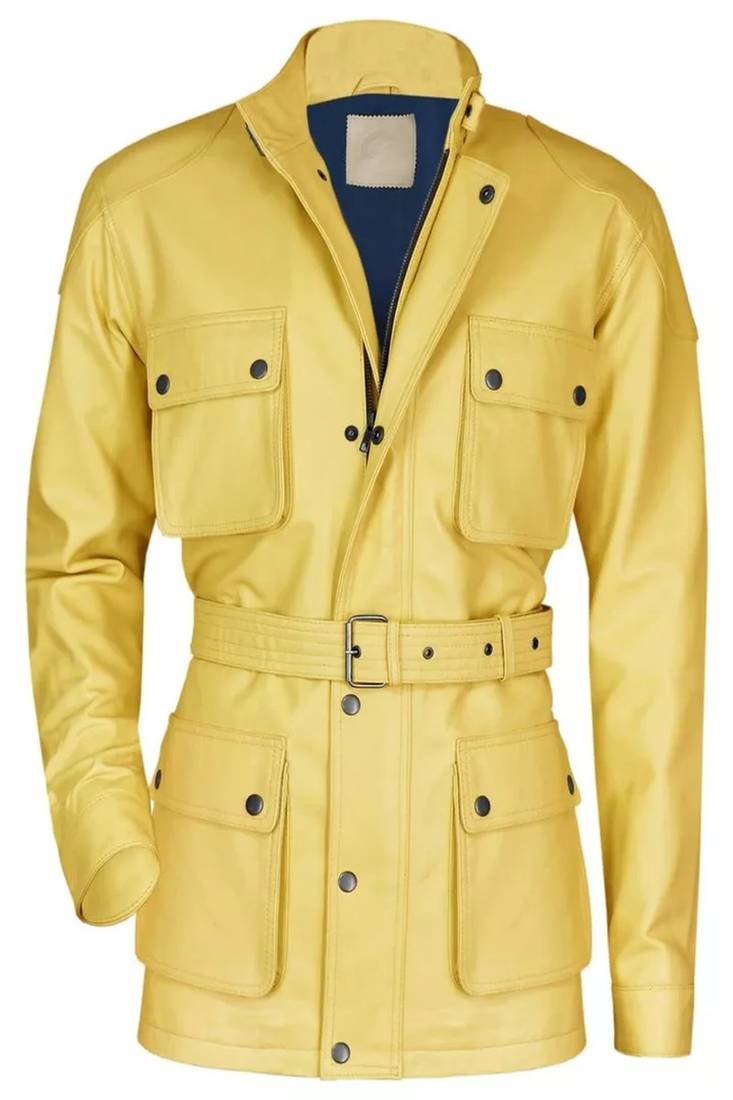 Men's yellow genuine leather coat -4 envelope pocket & waist belt style
