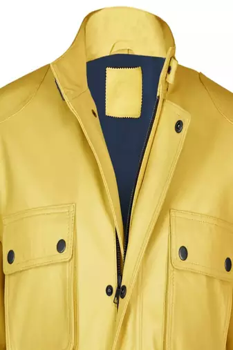 Men's yellow genuine leather coat -4 envelope pocket & waist belt style