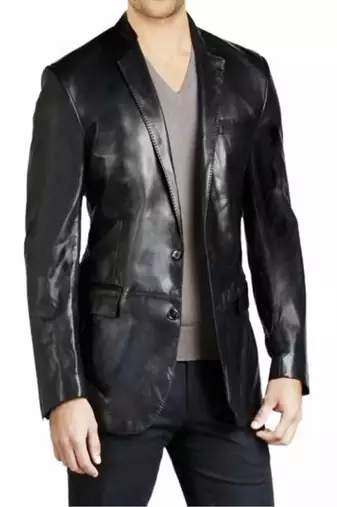 Men's black genuine leather coat blazer-2 flap pocket & button style