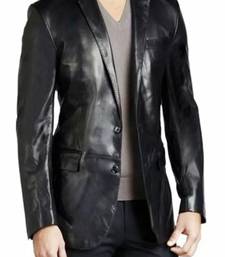 Men's black genuine leather coat blazer-2 flap pocket & button style