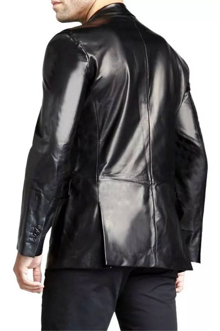 Men's black genuine leather coat blazer-2 flap pocket & button style