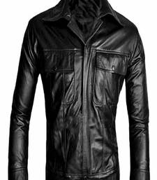 Men's black genuine leather jacket blazer-2 flap pocket & button style