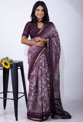 Mirchi fashion women's purple floral printed viscose cotton saree with unstitched blouse piece 1