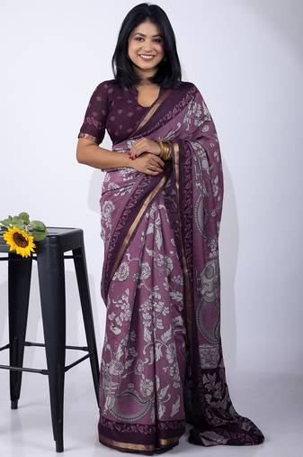 Mirchi fashion women's purple floral printed viscose cotton saree with unstitched blouse piece