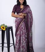 Mirchi fashion women's purple floral printed viscose cotton saree with unstitched blouse piece
