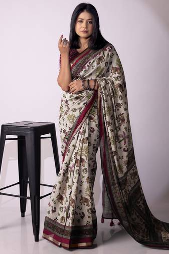 Mirchi fashion women's grey floral printed viscose cotton saree with unstitched blouse piece