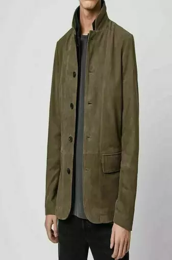Men's green suede  genuine leather -2 flap pocket & button style