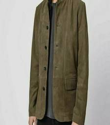Men's green suede  genuine leather -2 flap pocket & button style