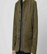 Men's green suede  genuine leather -2 flap pocket & button style