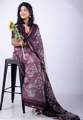 Mirchi fashion women's purple floral printed viscose cotton saree with unstitched blouse piece 2