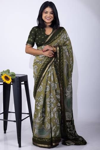 Mirchi fashion women's green floral printed viscose cotton saree with unstitched blouse piece