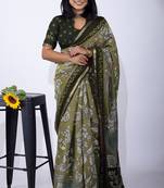 Mirchi fashion women's green floral printed viscose cotton saree with unstitched blouse piece