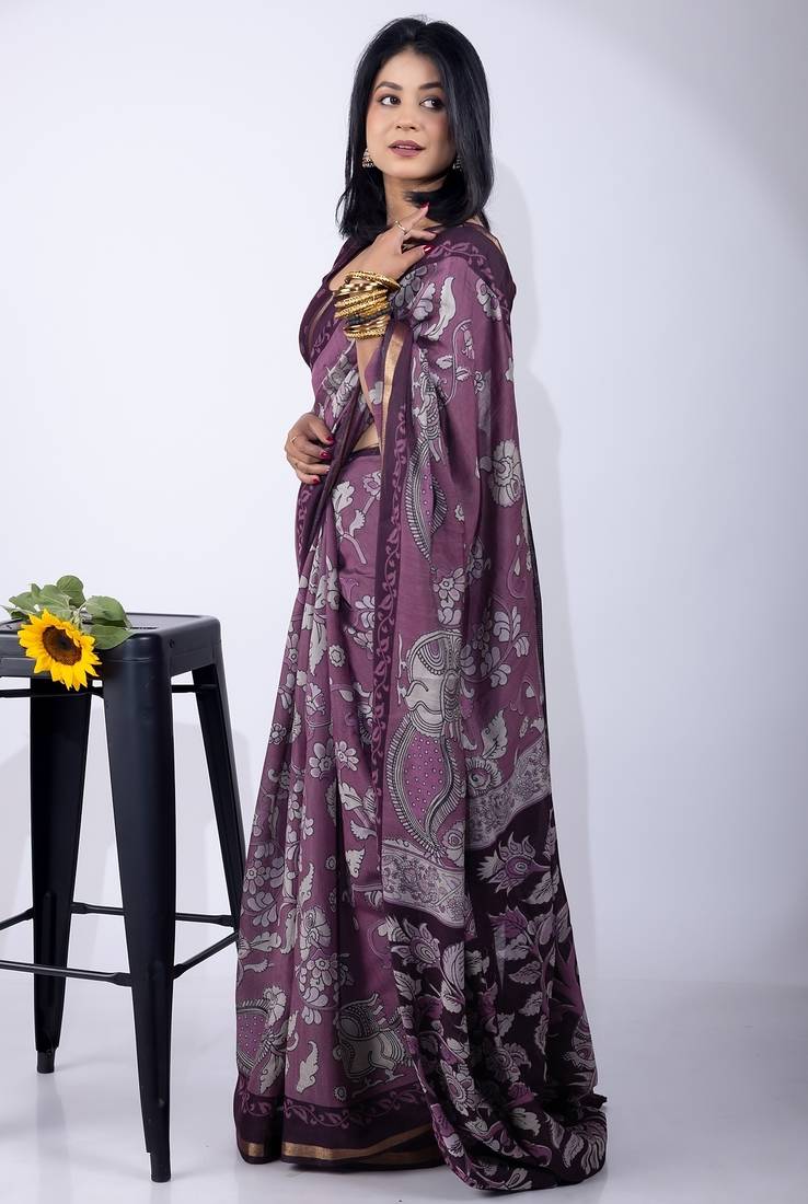 Mirchi fashion women's purple floral printed viscose cotton saree with unstitched blouse piece