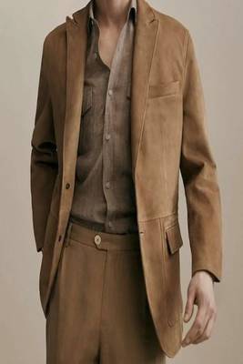 Men's tan suede genuine lambskin leather -2 flap pocket & lapel collar style 1