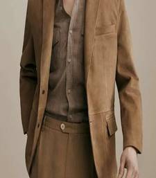 Men's tan suede genuine lambskin leather -2 flap pocket & lapel collar style