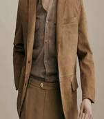 Men's tan suede genuine lambskin leather -2 flap pocket & lapel collar style