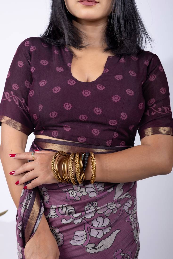 Mirchi fashion women's purple floral printed viscose cotton saree with unstitched blouse piece