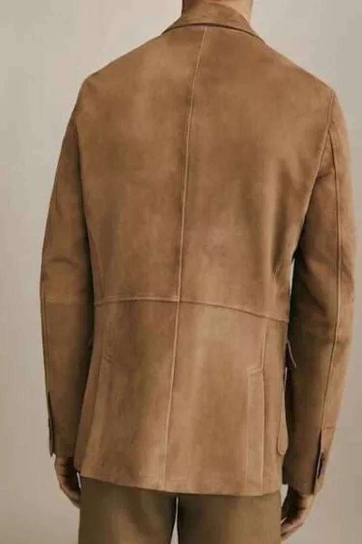 Men's tan suede genuine lambskin leather -2 flap pocket & lapel collar style