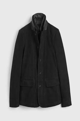 Men's black suede genuine lambskin leather coat -2 flap pocket & button style 1
