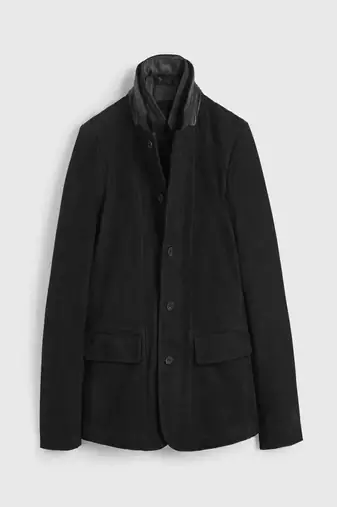 Men's black suede genuine lambskin leather coat -2 flap pocket & button style