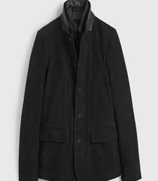 Men's black suede genuine lambskin leather coat -2 flap pocket & button style