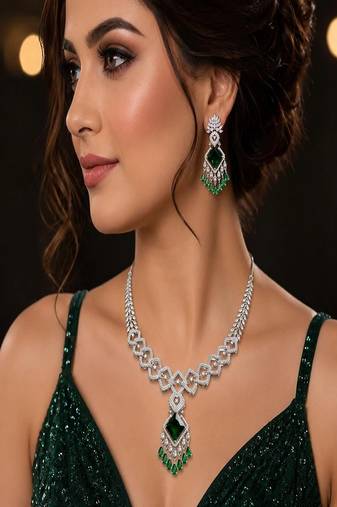 emerald green bridal necklace set, cubic zirconia chandelier earrings, bollywood choker