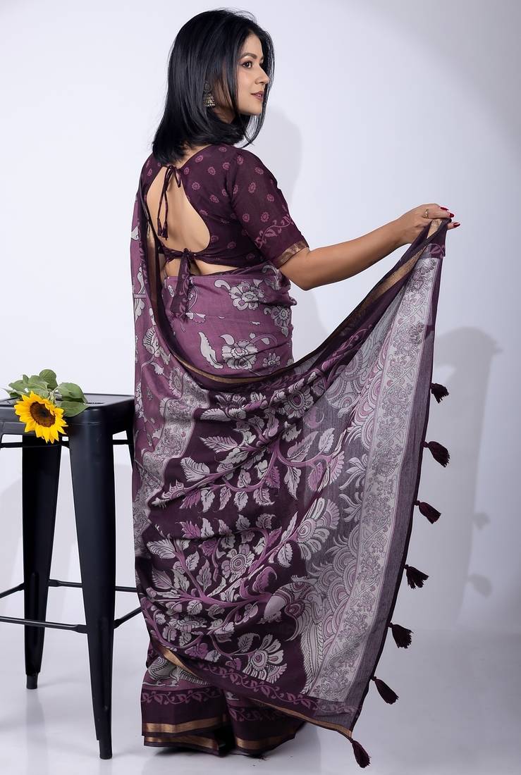 Mirchi fashion women's purple floral printed viscose cotton saree with unstitched blouse piece