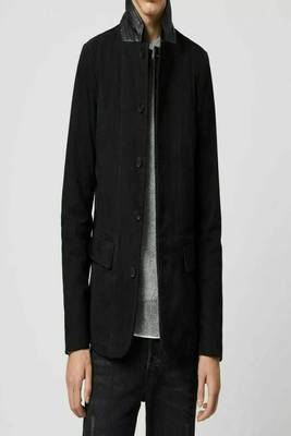 Men's black suede genuine lambskin leather coat -2 flap pocket & button style 2